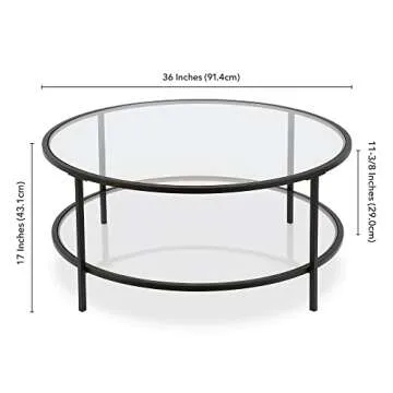 Henn&Hart 36" Wide Round Coffee Table with Glass Top in Blackened Bronze, Modern coffee tables for l...