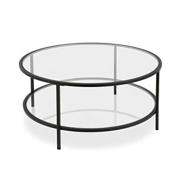 Henn&Hart 36" Wide Round Coffee Table with Glass Top in Blackened Bronze, Modern coffee tables for living room, studio apartment essentials