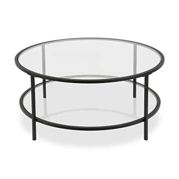 Henn&Hart 36" Wide Round Coffee Table with Glass Top in Blackened Bronze, Modern coffee tables for living room, studio apartment essentials