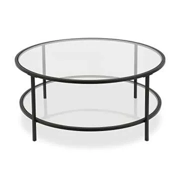 Henn&Hart 36" Wide Round Coffee Table with Glass Top in Blackened Bronze, Modern coffee tables for living room, studio apartment essentials