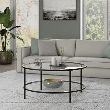 Henn&Hart 36" Wide Round Coffee Table with Glass Top in Blackened Bronze, Modern coffee tables for living room, studio apartment essentials