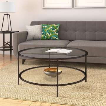 Henn&Hart 36" Wide Round Coffee Table with Glass Top in Blackened Bronze, Modern coffee tables for living room, studio apartment essentials