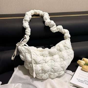 JADENIO Crescent Bag Puffer Tote Bag for Women Quilted Shoulder Bags Puffy Purse Handbag Winter Down Padding Lattice Satchel Purse White