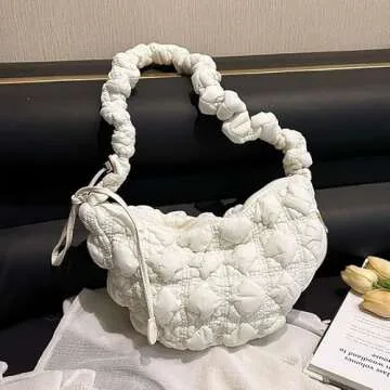 JADENIO Crescent Bag Puffer Tote Bag for Women Quilted Shoulder Bags Puffy Purse Handbag Winter Down Padding Lattice Satchel Purse White