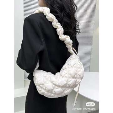 JADENIO Crescent Bag Puffer Tote Bag for Women Quilted Shoulder Bags Puffy Purse Handbag Winter Down Padding Lattice Satchel Purse White