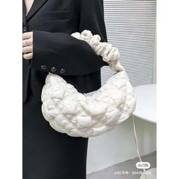 JADENIO Crescent Bag Puffer Tote Bag for Women Quilted Shoulder Bags Puffy Purse Handbag Winter Down Padding Lattice Satchel Purse White