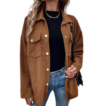 Astylish Womens Waffle Knit Shacket Jacket Fashion 2024 Fall Casual Long Sleeve Button Down Shirts D...