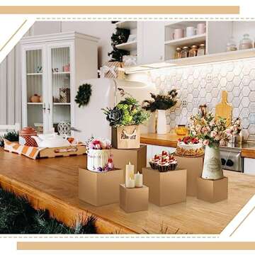 BBTO 6 Pcs Gold Buffet Risers Wood Display Table Stand for Food Wood Cube Box Display Set Nesting Risers Buffet Cake Table Food Stand Boxes for Weddings Home Countertop Jewelry Decor