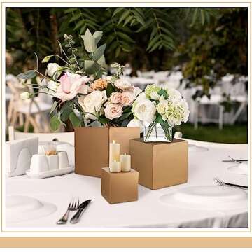 BBTO 6 Pcs Gold Buffet Risers Wood Display Table Stand for Food Wood Cube Box Display Set Nesting Risers Buffet Cake Table Food Stand Boxes for Weddings Home Countertop Jewelry Decor