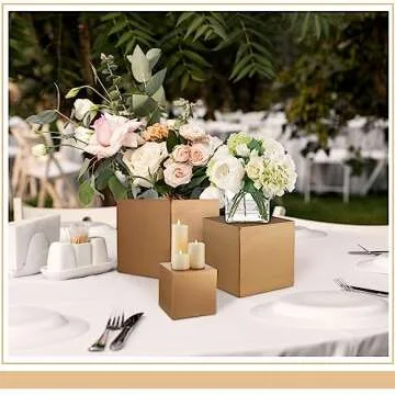 BBTO 6 Pcs Gold Buffet Risers Wood Display Table Stand for Food Wood Cube Box Display Set Nesting Risers Buffet Cake Table Food Stand Boxes for Weddings Home Countertop Jewelry Decor