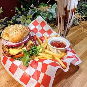 Oomcu 200 Sheets Red and White Checkered Dry Waxed Deli Paper Sheets, Paper Liners for Plastic Food Basket, Special for Wrapping Bread and Sandwiches(11.5''x11.5'')