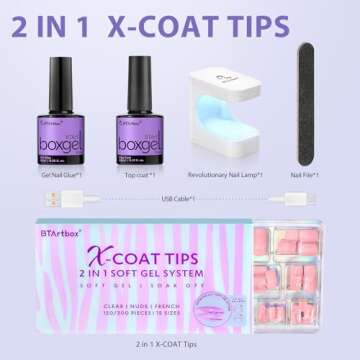 BTArtbox XCOATTIPS Natural Nail Kit - Short Coffin Nail Tips with Gel Nail Gl ue Top Coat, Nail Lamp, All in One Soft Gel Press on Nails Gel Extension Women Gifts
