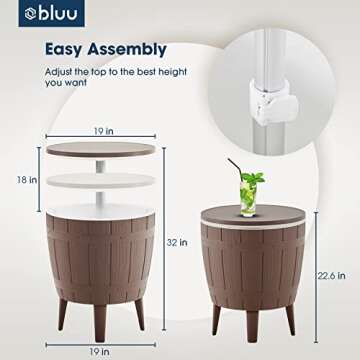 BLUU Outdoor Patio Cooler Bar, Outdoor Patio Furniture and Hot Tub Side Table, Adjustable Height Tables with 10 Gallon Coffee, Beer and Wine Cooler, Waterproof & Steady, Grey