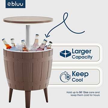 BLUU Outdoor Patio Cooler Bar, Outdoor Patio Furniture and Hot Tub Side Table, Adjustable Height Tables with 10 Gallon Coffee, Beer and Wine Cooler, Waterproof & Steady, Grey