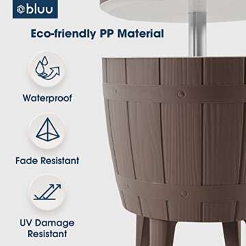 BLUU Outdoor Patio Cooler Bar, Outdoor Patio Furniture and Hot Tub Side Table, Adjustable Height Tables with 10 Gallon Coffee, Beer and Wine Cooler, Waterproof & Steady, Grey