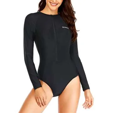 Daci Women Black-1 Rash Guard Long Sleeve One Piece Swimsuit Zipper Surfing Bathing Suit UPF 50 XL