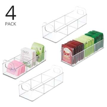 mDesign Plastic Condiment Organizer and Tea Bag Holder - 9" Long Kitchen Pantry/Countertop Storage Caddy - Divided Chip, Snack, Granola, Oatmeal Packet Holder - Lumiere Collection - 4 Pack - Clear