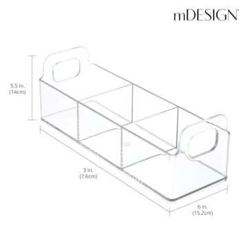 mDesign Plastic Condiment Organizer and Tea Bag Holder - 9" Long Kitchen Pantry/Countertop Storage Caddy - Divided Chip, Snack, Granola, Oatmeal Packet Holder - Lumiere Collection - 4 Pack - Clear