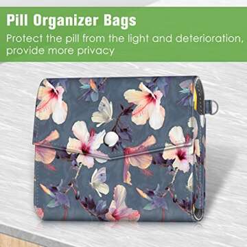 FINPAC Weekly Pill Organizers 4 Times A Day, Slide Open PU Leather Case Travel Pill Vitamin Medicine Reminder and Planner with Name Card for Morning| Afternoon| Evening| Bedtime (Blooming Hibiscus)
