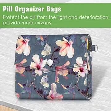 FINPAC Weekly Pill Organizers 4 Times A Day, Slide Open PU Leather Case Travel Pill Vitamin Medicine Reminder and Planner with Name Card for Morning| Afternoon| Evening| Bedtime (Blooming Hibiscus)