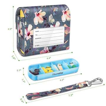 FINPAC Weekly Pill Organizers 4 Times A Day, Slide Open PU Leather Case Travel Pill Vitamin Medicine Reminder and Planner with Name Card for Morning| Afternoon| Evening| Bedtime (Blooming Hibiscus)
