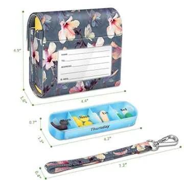 FINPAC Weekly Pill Organizers 4 Times A Day, Slide Open PU Leather Case Travel Pill Vitamin Medicine Reminder and Planner with Name Card for Morning| Afternoon| Evening| Bedtime (Blooming Hibiscus)