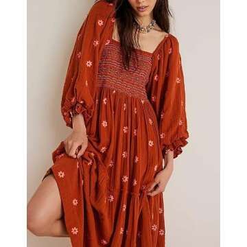 Argeousgor Boho Flowy Maxi Dress for Women Puff Long Sleeve Square Neck Embroidered Swing Tiered Long Dress(01-Brown,L)