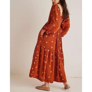 Argeousgor Boho Flowy Maxi Dress for Women Puff Long Sleeve Square Neck Embroidered Swing Tiered Long Dress(01-Brown,L)