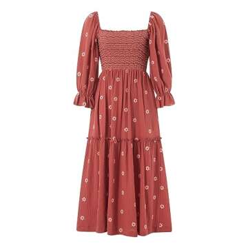 Argeousgor Boho Flowy Maxi Dress for Women Puff Long Sleeve Square Neck Embroidered Swing Tiered Long Dress(01-Brown,L)