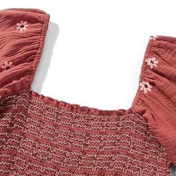 Argeousgor Boho Flowy Maxi Dress for Women Puff Long Sleeve Square Neck Embroidered Swing Tiered Long Dress(01-Brown,L)