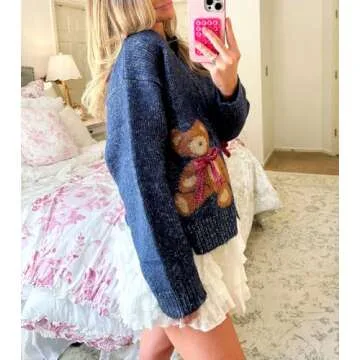 Y2k Knit Cardigans for Women Cute Bear Bow Long Sleeve Crewneck Sweater Button Down Casual Fall Tops Knitwear (Dark Blue, S)