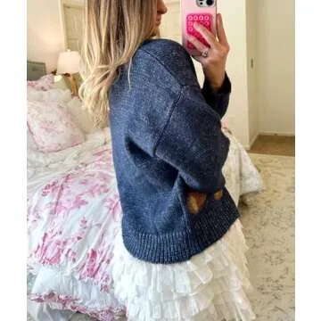 Y2k Knit Cardigans for Women Cute Bear Bow Long Sleeve Crewneck Sweater Button Down Casual Fall Tops Knitwear (Dark Blue, S)