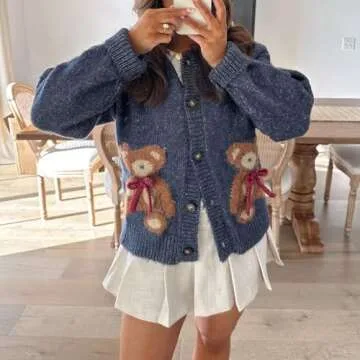 Y2k Knit Cardigans for Women Cute Bear Bow Long Sleeve Crewneck Sweater Button Down Casual Fall Tops Knitwear (Dark Blue, S)