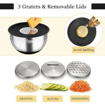 Wildone Mixing Bowls with Airtight Lids, 22 PCS Stainless Steel Nesting Bowls, with 3 Grater Attachments, Scale Marks & Non-Slip Bottom, Size 5, 4, 3, 2,1.5, 0.63QT, Ideal for Mixing & Prepping