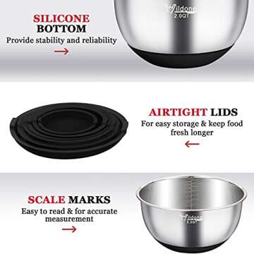 Wildone Mixing Bowls with Airtight Lids, 22 PCS Stainless Steel Nesting Bowls, with 3 Grater Attachments, Scale Marks & Non-Slip Bottom, Size 5, 4, 3, 2,1.5, 0.63QT, Ideal for Mixing & Prepping