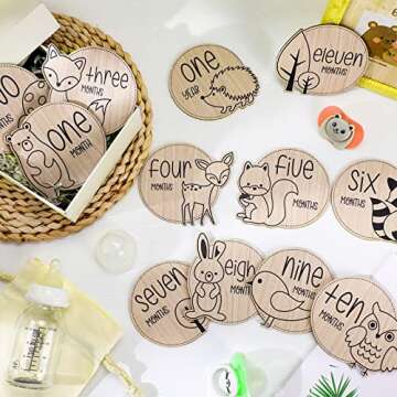 Wesiti 12 Pcs Wooden Baby Milestone Cards with Linen Bag Monthly Milestone Marker Discs Signs Announ...