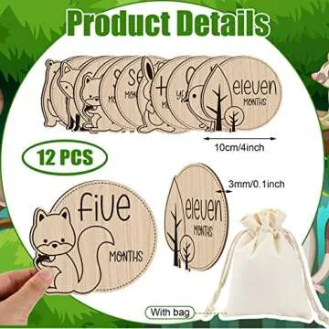 Wesiti 12 Pcs Wooden Baby Milestone Cards with Linen Bag Monthly Milestone Marker Discs Signs Announcement Cards for Pregnancy Growth Baby Shower Gifts Newborn Photo Props(Animal Style)