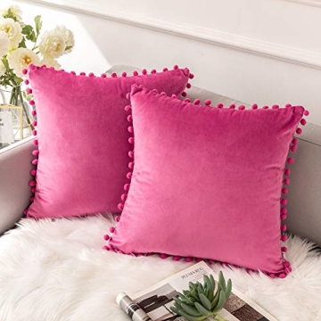 Ashler Throw Pillow Cases with Soft Pom Poms Velvet Plush Vibrant Elegant Cushion Covers, Pack of 2,...