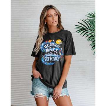 Teacher Shirts Take Chances Make Mistakes Get Messy Graphic Back to School Tshirt Short Sleeve Tee Casual Funny Teacher Tops Grey