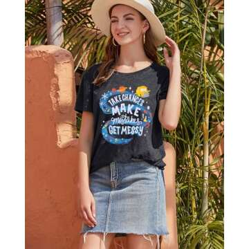 Teacher Shirts Take Chances Make Mistakes Get Messy Graphic Back to School Tshirt Short Sleeve Tee Casual Funny Teacher Tops Grey