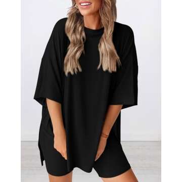 PRETTYGARDEN Women's Two Piece Lounge Set 2025 Summer Casual Oversized Shirts Biker Shorts Matching Airport Travel Outfit (Black,Medium)
