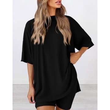PRETTYGARDEN Women's Two Piece Lounge Set 2025 Summer Casual Oversized Shirts Biker Shorts Matching Airport Travel Outfit (Black,Medium)