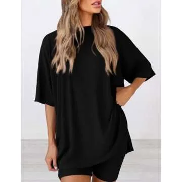 PRETTYGARDEN Women's Two Piece Lounge Set 2025 Summer Casual Oversized Shirts Biker Shorts Matching Airport Travel Outfit (Black,Medium)