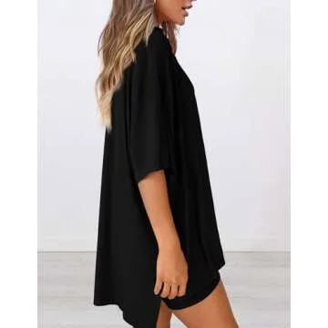 PRETTYGARDEN Women's Two Piece Lounge Set 2025 Summer Casual Oversized Shirts Biker Shorts Matching Airport Travel Outfit (Black,Medium)