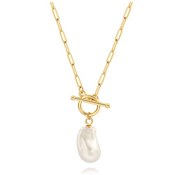 SOFYBJA 18K Gold Plated Paperclip Link Chain Necklace Baroque Pearl Pendant Necklace Dainty Handmade...