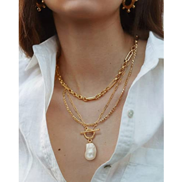 Elegant Gold Paperclip Chain Necklace with Pearl Pendant