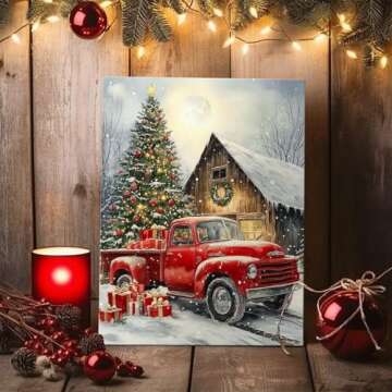 Vintage Christmas Canvas Wall Art, Festive Red Truck and Snowy Barn Scene Canvas Print, Charming Hol...