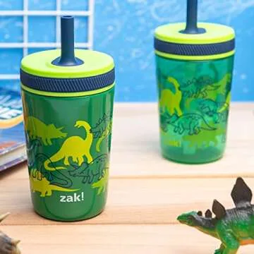 Zak Designs Dino Camo Kelso Tumbler 3pc Set, Leak-Proof Screw-On Lid with Straw, Bundle for Kids Inc...