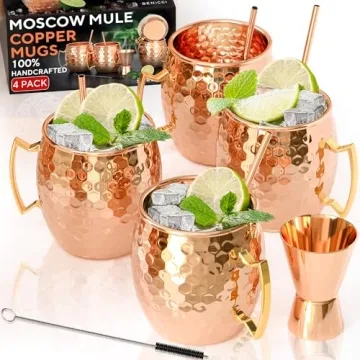 Benicci Moscow Mule Copper Mugs - Set of 4 Handcrafted Pure Copper Mugs with Straws and Jigger