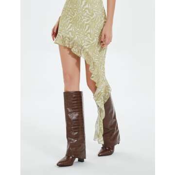 Modatope Brown Crocodile Fold Over Knee High Boots Brown Boots for Women Knee High Boots Women Chunky Heeled Tall Boots Size 7.5